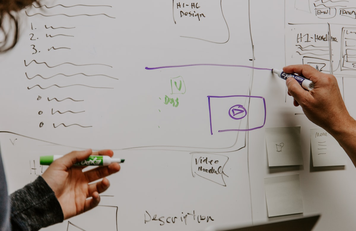 Two people sketching an architecture diagram on a whiteboard